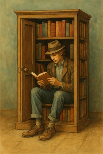Vintage reader in bookshelf